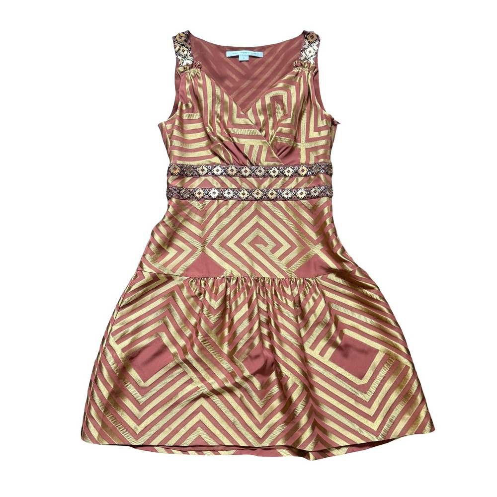 Diane von Furstenberg DVF Eugenia Dress Geometric Brown Gold Embellished Size 4